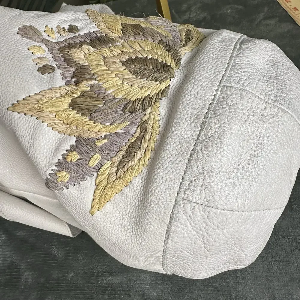 the Sak Leather Hobo bucket Ivory soft Straw embelishment hippie